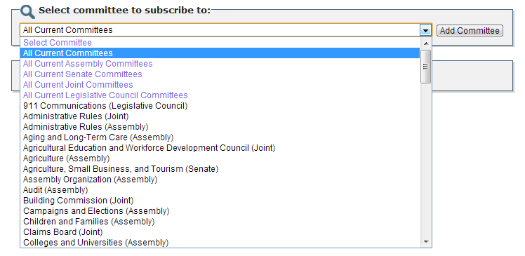 screenshot of committee selection box