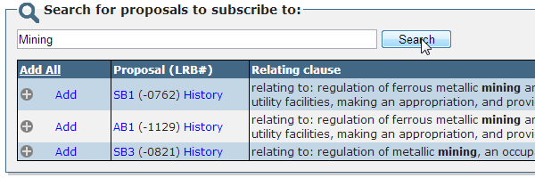 screenshot of proposal search box