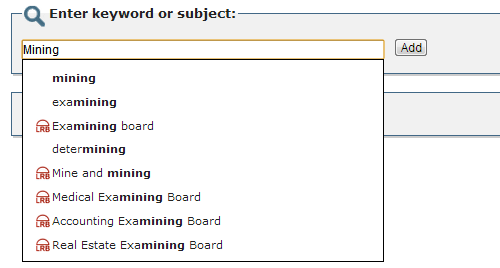 screenshot of subjects search box